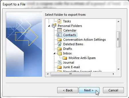 select contacts folder