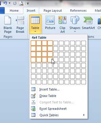 how to insert a table in word 2010