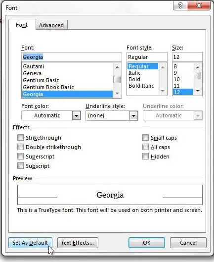 Select your font styles, then click the Set As Default button