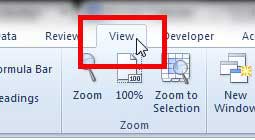 click the excel 2010 view tab