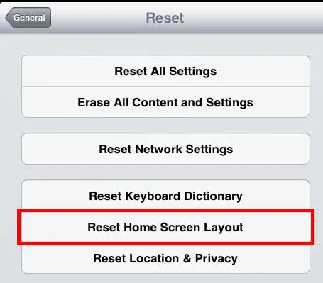 press the reset home screen layout button