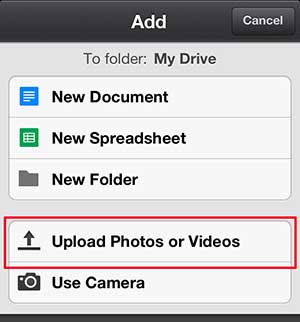 select the upload photos or videos option