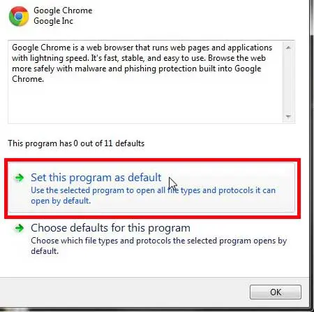 establecer Chrome como navegador predeterminado en Windows 7