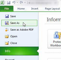 click the save as option in excel 2010