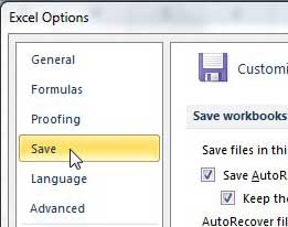 open the excel options save menu
