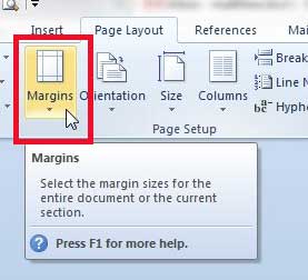 how to set default page margins in word 2010