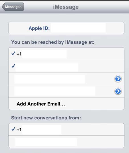 select only the email addresses or phone numbers for which you want to receive messages on the ipad