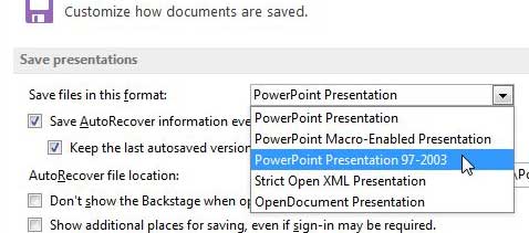 how to save as .ppt by default in powerpoint 2013