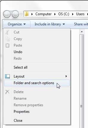 click organize, then click folder and search options