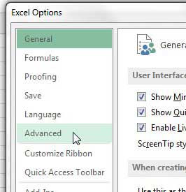click the advanced tab in the excel options window