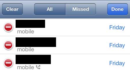touch the red circle to the left of the call you want to delete