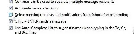 cómo dejar de eliminar solicitudes de reunión de la bandeja de entrada en Outlook 2013