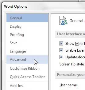click advanced at the left side of the word options window