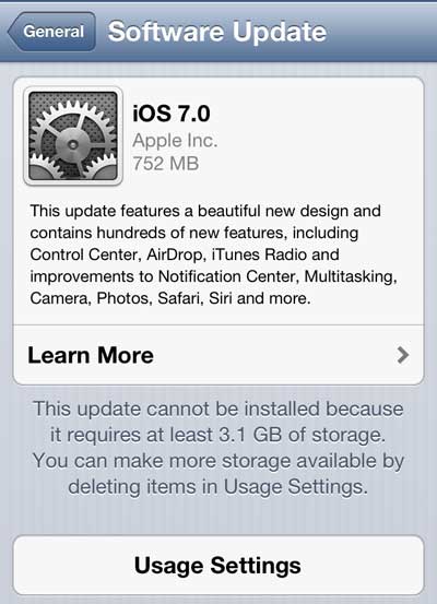 not enough room to install the ios 7 update