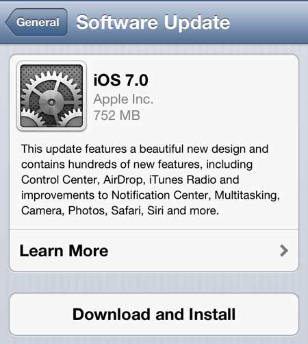 click the download and install button to install ios 7