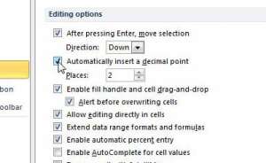 how to automatically insert a decimal point in excel 2010