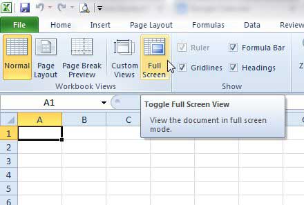 cómo salir de la vista de pantalla completa en Excel 2010