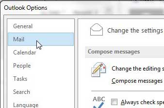 click mail in the left column of outlook options window