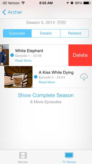 deleting a tv show or movie on the iphone