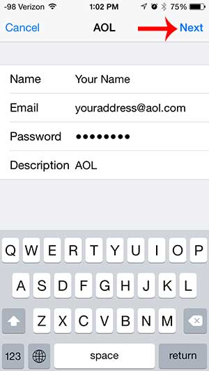 enter your aol account info, then touch next