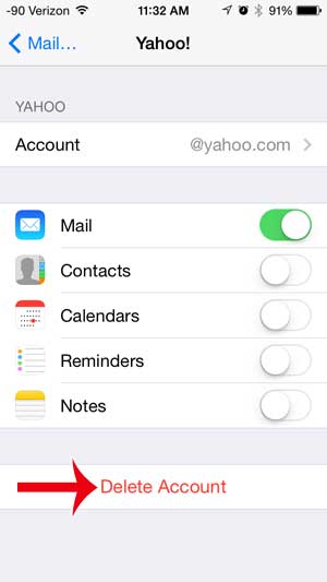 how to delete a Yahoo Mail account on the iPhone