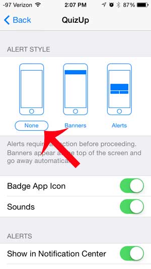 how to turn off quizup notifications on the iphone
