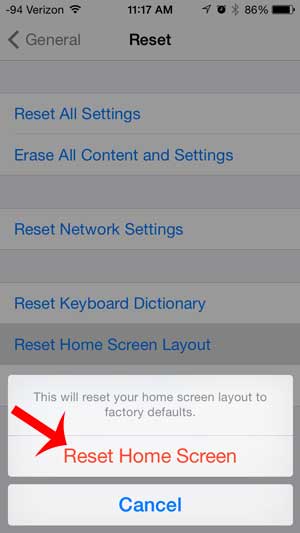 touch the reset home screen button