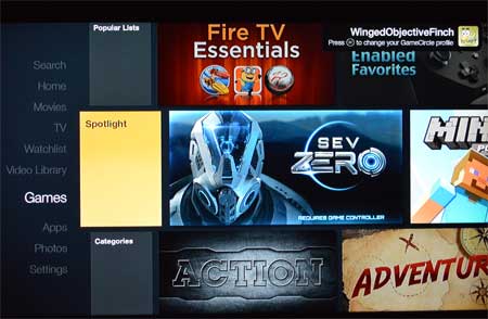 fire tv games menu