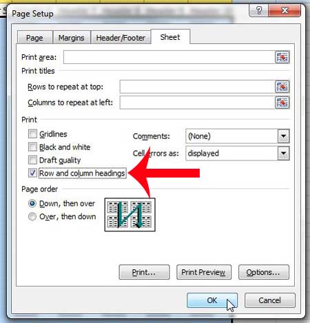 how to print row and column headings in excel 2010