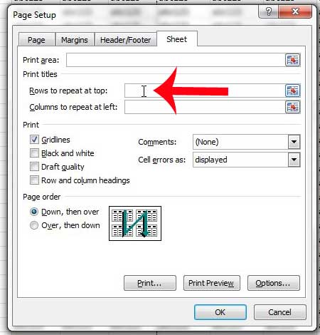 click inside the rows to repeat at top field