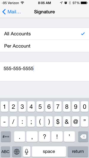 how to insert a phone number in an iphone signature