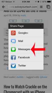 how to share a web page link via text message in the iphone chrome app
