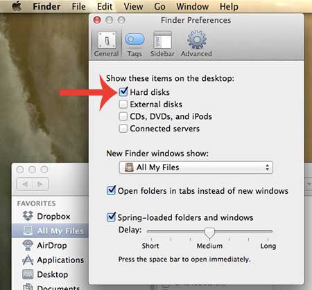 how to show the hard drive on the desktop in os x mavericks