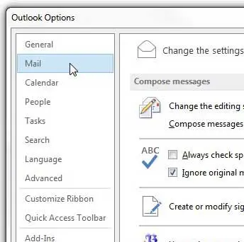 click the mail option in the outlook options window