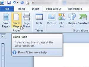 how to insert a blank page in word 2010