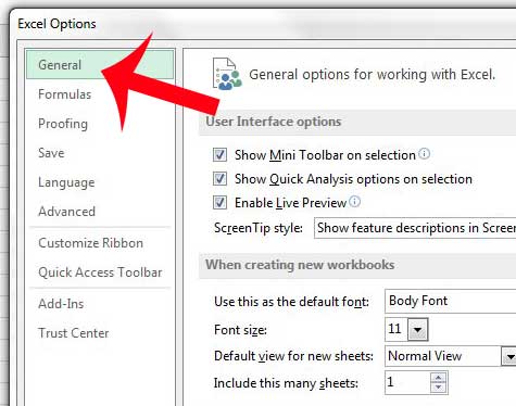 click general in the excel options window