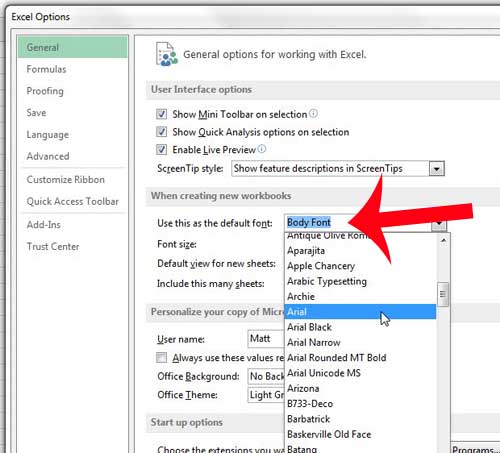how to change the default font in Excel 2013
