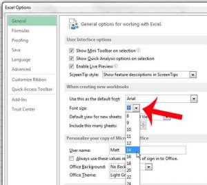 how to change the default font size in excel 2013