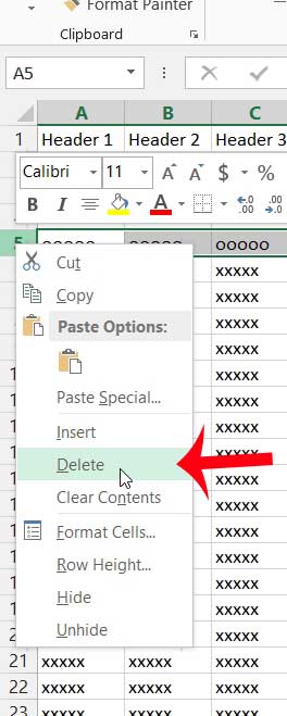 how to delete a row in excel 2013