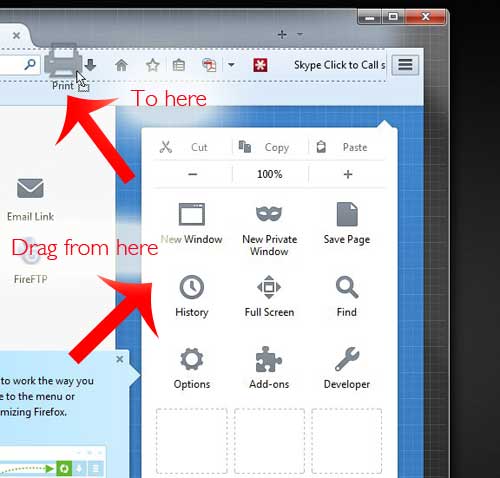 drag the print icon to the toolbar