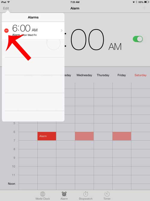 how to delete an alarm on the ipad