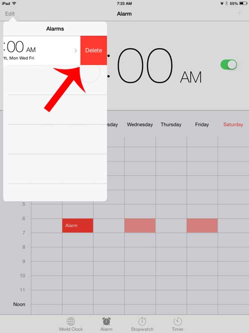 touch the delete button to the right of the alarm that you want to delete