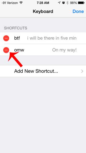 touch the red circle to the left of the shortcut to delete