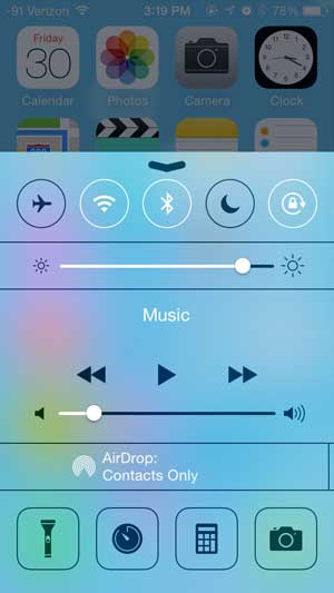 open the control center from the bottom of the screen