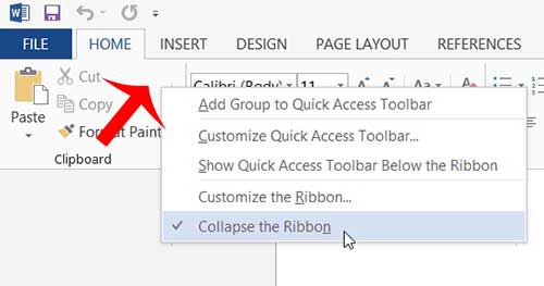 right-click in an empty space, then click collapse the ribbon