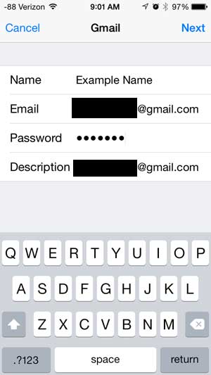 enter your email info, then touch the next button