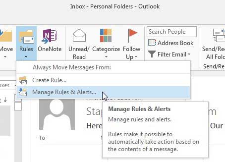 click Rules, then click Manage Rules and Alerts