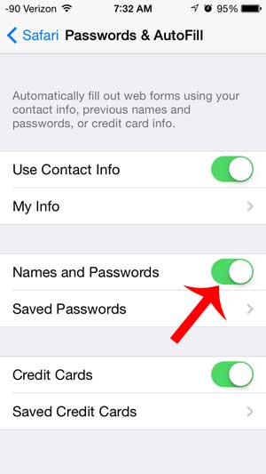 touch the button to the right of Names and Passwords to turn the feature on