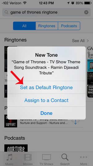 touch the set as default ringtone option