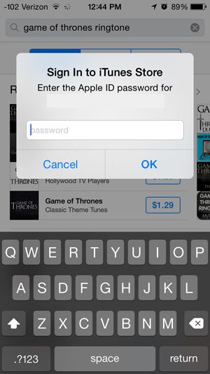 enter your apple id password, then touch the ok button